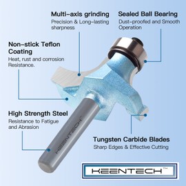 KEENTECH Carbide Tipped Roundover Router Bit 1/2" Shank Non-Stick Teflon Coating Edge Forming Router Bits for Table Cabinet Door Woodworking Corner Rounding 1-1/4" Cutting Length, 1" Radius