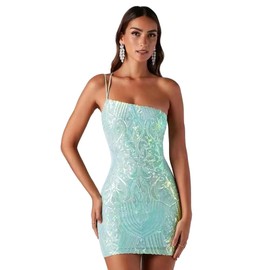 Sequin Dress for Women Short Prom Dresses for Teens Girls Dance HOCO Dress Sparkly Spaghetti Straps Bodycon Cocktail Party Dresses Slit Mini Homecoming Dresses One Shoulder Summer Mint Green XS