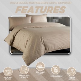 Olivia Rocco Mayfair Stripe Duvet Cover Set Easy Care Satin Stripes Comforter Reversible Bedding Quilt Covers With Pillowcases, Double Natural