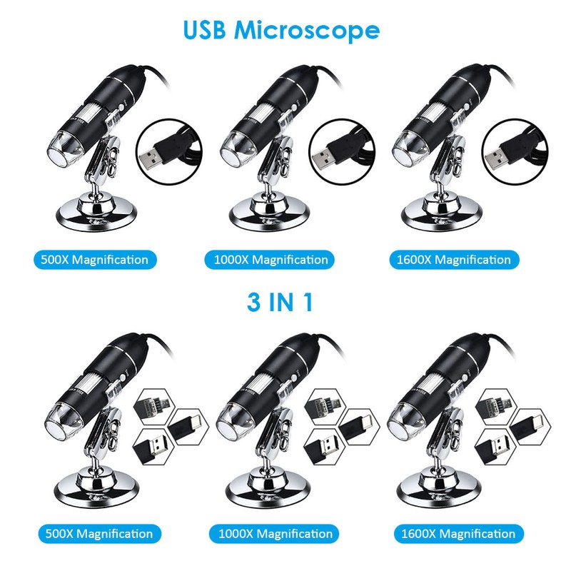 USB Digital Microscope 1600X Magnification Camera 8 LEDs with Stand