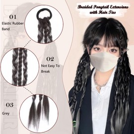 BASEMMAHER 2Pcs Braided Ponytail Extensions with Hair Ties Soft Synthetic Ponytail Wig Braided Extensions Hairpieces for Women Girls DIY Daily Wear Accessories (Grey)