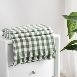 CloudDwelling 100% Cotton Throw Blanket Plaid Soft Lightweight Cozy Farmhouse Tassels Summer Thin Breathable Throws for Couch Sofa Bed (50" × 60" Green)