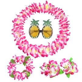 Hawaiian Leis Hawaii Flower Necklace, Pack of 5 Hawaiian Leis Chains Set with Flowers Garland Necklace Sunglasses Headbands Bracelets for Luau Summer Beach Party Costumes Decorations Pink