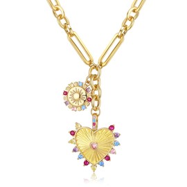 Clearine Chunky Gold Necklace for Women, Trendy Double Love Heart Sunflower Charm Choker Pendants Necklaces for Summer Beach Jewellery Accessories Hip Hop Gift Multicolor Gold-Tone