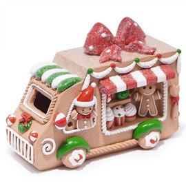 Hodao Christmas Decorations Gingerbread House Figurine with Ice Cream Car Design, Battery-Powered (2 AAA), 6.4" L Resin Christmas Village Houses-Festive Indoor Home Christmas Party Display (Color 1)