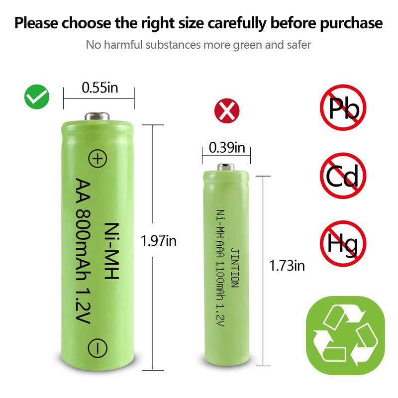 JINTION AA Rechargeable Batteries, Double A 800mAh High Capacity 1.2V