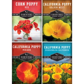 Poppy Collection 4 Variety Pack of Seeds for Planting – California, Golden West, Mikado & Red Corn Poppy Varieties – Non-GMO Heirloom Wildflower Collection - Survival Garden Seeds