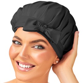 Silk Hat - 100% Mulberry Silk Sleep Cap, Breathable and Adjustable Sleep Caps, Non-Slip Silk Head and Hair Cover, Night Cap for Curly Hair with Elastic Band, black