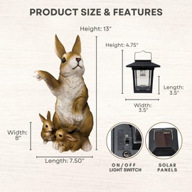 Rabbit Solar Lantern Statue – Garden Bunny Figurine with LED Light, Resin Farmhouse Wildlife Décor for Patio, Lawn, Porch, Yard, Easter, Rustic Woodland Accent – Great Gift for Nature & Rabbit Lovers.