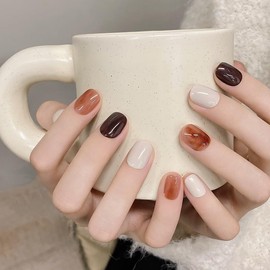 RosiFoxi Nails Handmade Nail Tip, Flesh Nails, Elegant, Cute, Amber, Short, Medium, Long French Nails, Colors, Parties, Holidays, Commutes, Nail Art, Pack of 10 (M, Cream Latte)