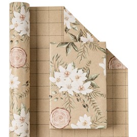 RUSPEPA Kraft Christmas Floral Wrapping Paper Roll, Mini Roll, Vintage White Flower and Greenery Design, Elegant Kraft Gift Wrap for Girls, Women, Friends, Xmas Holiday, Wedding, 17 Inches x 16.4 Feet