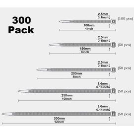 Oksdown 300 Pieces White Nylon Cable Ties Mixed Pack Heavy Duty Strong Self Locking Long Plastic Clear Zip Tie Wraps Assorted Sizes 100/150/200/250/300mm Length 4/6/8/10/12 Inch, 2.5/3.6mm Width
