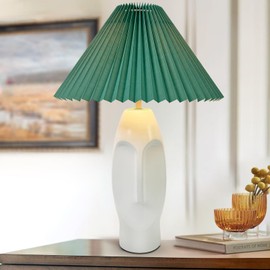 22.9"Vintage Ceramic Table Lamp- 3 Way Dimmable with USB Port & 4W LED Bulb - Touch Control Boho Table Lamp with Ceramic Base and Green Pleated Lampshade, Perfect for Living Room & Office Decor