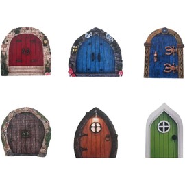 Flyanzebi Multi-Color Pine Wood Fairy Garden Door Ornaments, 6 Pack Miniature Wooden Doors, Fairy Garden Decor