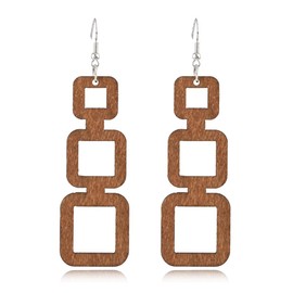 ANXIN STORE Boho Natural Wood Geometric Cutout Round Earrings Vintage Wooden Square Ethnic Drop Earrings For Women Jewelry Gifts (F Zongse wood earrings)