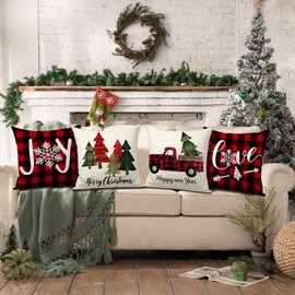 FUYUCHEN Joy Christmas Tree Pillow Covers 18x18 Inch Merry Christmas Truck Buffalo Plaid Throw Pillow Cases for Holiday Farmhouse Decorations Sofa Couch Set of 4