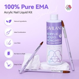 SAVILAND Acrylic Nail Monomer 240ml Acrylic Liquid with 3 Acrylic Nail Brushes for Acrylic Powder Nail Extension for Nail Studio
