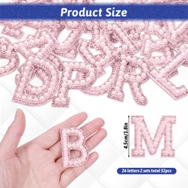 52 Pcs Iron on Letters Pearl Letter Patches with Pearl Rhinestone Self Adhesive A-Z Stick on Pearl for Clothes, Fabric, Backpack, Pink
