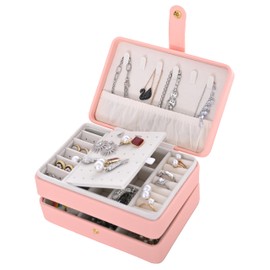 Jewelry Box,3 Layer Leather Jewellry Storage Boxes,Small Travel Portable Jewelry Organiser Box for Women and Men,Removable Flocking Compartment,Gift for Girl Necklace Ring Earrings Bracelet (Pink)