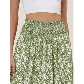 ANRABESS Women's Summer Boho Floral Maxi Skirts High Waisted Flowy Swing Pleated Beach Long Skirt with Pockets Floral Green Medium