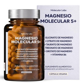 Magnesio Molecular 5+ | Suplemento de Magnesio Complex con 5 Magnesios + Vitamina B6 | Glicinato, Citrato, Taurato, Treonato y Orotato | 60 Cápsulas de 600 mg | Fórmula Multicomplejo