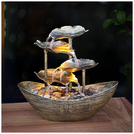 Bocnity Water Fountains Metal Lotus Leaf Tabletop Fountain Waterfall Indoor Waterfall Fountain 4-Tier Metal Lotus Leaf and Ingot Fountain Small Desk Waterfall Fountain for Home Decoration (Gold)