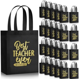 Tranqun 30 Pcs Teacher Appreciation Gift Bags Reusable Non Woven Tote Bags with Handles Black Gold End of Year Teacher Graduation Gift for Best Ever Goodie Candy Party Favors, 10 x 8 x 4 Inch