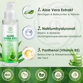 Aloe Vera Gel, Pure Aloe Vera Gel Portable for Dry Stressed Skin & Sunburn - 100% Natural After Sun Lotion, Soothing and Nourishing Moisturising Cream for Face Body Hair, 100 ml