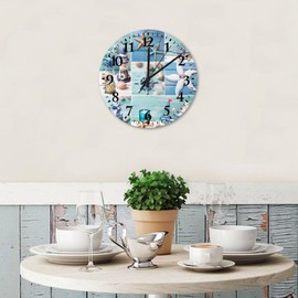 Wooden Wall Clock Round Silent Non-Ticking Beach Ocean Theme Starfish Seashell Retro Wall Clocks Nature Coastal Pictures Seascape Home Decoration for Study Room Patio Auto Shop 12 Inch
