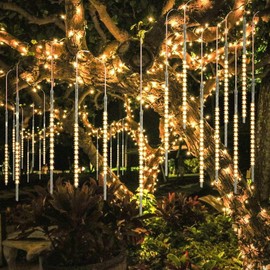 BlueFire Meteor Shower Lights, 540 LED 10-Tube 19.7" Waterproof Falling Rain Christmas Lights, Outdoor Icicle String Lights for Tree, Yard, Patio, Roof, Porch, Holiday Party Decoration (Warm White)