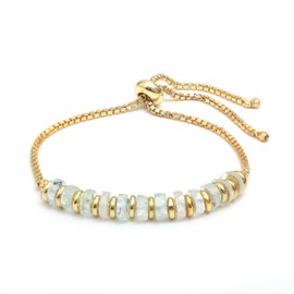 Gempires Aquamarine Beads Bolo Bracelet, Crystal Bracelet For Women, March Birthstone,14k Yellow Gold Plated Chain, 6-8 Inch Adjustable Length (aquamarine)