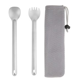 MAXCOOK Titanium Camping Utensil Set Lightweight Titanium Flatware Long Fork Spoon with Carrying Bag for Traveling Picnic Hiking