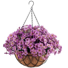 Beeveer Artificial Spring Hanging Flowers in Basket for Home Decoration Faux Orchid Arrangement Porch Plants Coconut Lining Basket for Autumn Courtyard Decor(Purple, 1 Pack)