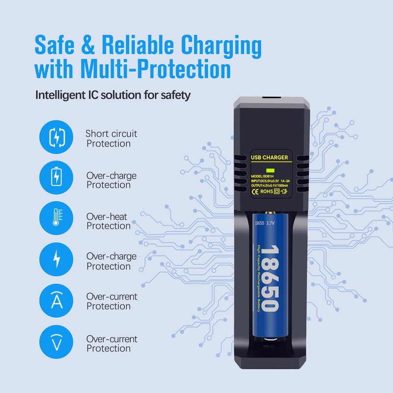 18650 Battery Charger, Universal Intelligent Li-ion Charger for 3.7V Rechargeable