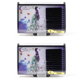 Lash Extension Supplies, 2 Trays 12 Rows Easy Fan Volume Eyelash Extensions, Soft Faux Mink Individual Lashes, Camellia Self Fanning Blooming, 0.07-C, 11mm & 12mm, Black