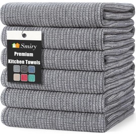 smiry Premium Kitchen Towels(18"x 28", 6 Pack), Large Cotton Dish Cloths Set, Flat & Terry Towel Highly Absorbent Tea Towels with Hanging Loop, Grey