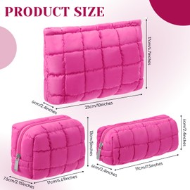 Huhumy 3 Pcs Puffy Makeup Bag Quilted Cosmetic Pouch for Women Cute Checkered Travel Toiletry Bag Puffer Makeup Organizer Purse Pouch Preppy Pencil Case with Zipper(Hot Pink)