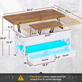 Itaar 40" Lift Top Coffee Table, 4 in 1 White Coffee Tables with Storage for Living Room, Small Coffee Table with 2 Drawers & LED Light for Dining Room, White and Rustic Brown