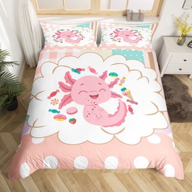 feelingyou Cartoon Axolotl Bed Linen Set, 135 x 200, Pink Cute Fish Candy Duvet Cover with 1 Pillow, Sham Comforter Cover for Children, Boys, Kawaii Girly Plaid Duvet Cover Set, Decorative, 2 Pieces