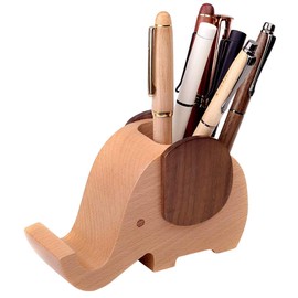 Pen Stand, Wooden Pen Holder, Stylish, Pentate, Natural Wood, Solid Wood, Cute, Elephant Design, Pencil Stand, Tabletop Storage (1 Piece)