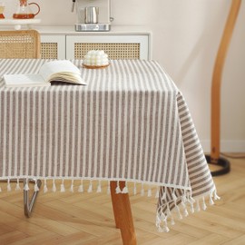 meioro Tablecloths Striped Tassel Table Cloth Rectangular Tablecloth Cotton Linen Table Cover Suitable for Home Kitchen Decoration (Brown/White Stripes, 60×60cm)