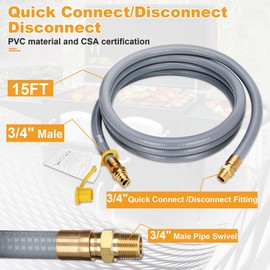 15FT 24FT 30FT 50FT 3/4" ID Natural Gas Hose with Quick Connect 3/4" ID Natural Gas Hose with Quick Connect Fittings for NG/LP Propane Appliances, Grill,Patio Heaters,Generators, Indoors & Outdoors