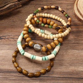 RUICHING Boho Beaded Bracelets, Wooden Bead Bracelet, 5PCS White Multi-layer Bracelet Hippy Accessories Gifts for Women Men