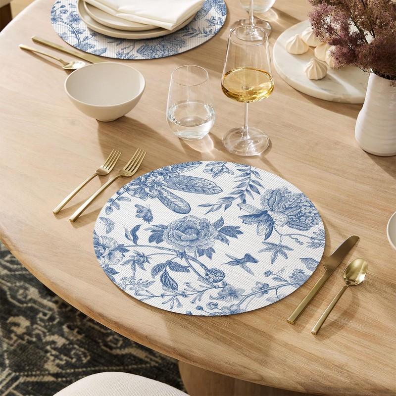 Artoid Mode Blue Floral Vinyl Round Spring Placemats Set of