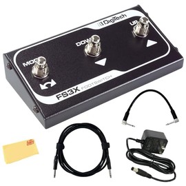 DigiTech FS3X 3-Button Footswitch Bundle with Power Supply, Guitar Cable, Patch Cable, and Austin Bazaar Polishing Cloth