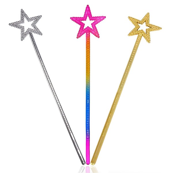 SZHTFX 3 Pcs Fairy Wand, Princess Star Wands for Girls, Angel Fairy Wands Sticks for Birthday, Party, Halloween, Christmas, Masquerade Dress Up, Gift for Girls( Silver, Gold, Colour)
