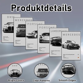 VOYANTE Confezione da 6 poster di auto sportive, poster di supercar, immagini murali di auto sportive in bianco e nero per ragazzi e uomini, immagini su tela di auto da corsa per il soggiorno, regalo
