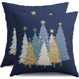 Smozenith Blue Christmas Pillow Covers 18X18 Set of 2, Winter Light Blue White Gold Xmas Tree Decorative Throw Pillowcases Holiday Outdoor Farmhouse Seasonal Cushion Cases Couch Sofa Bed Decor