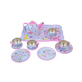 Kaper Kidz - CH41128- 15 Piece Pink Blossom Butterfly Tin Tea Set Watercolour-Inspired Design with Rolled Edges for Safety. Pretend Play Set for Kids