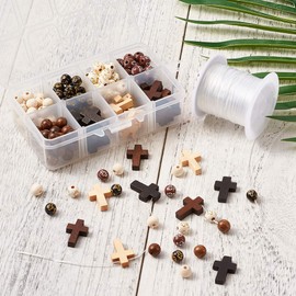 Beadthoven 211 Pieces Wooden Cross Beads Acrylic Beads 8mm Round Ball Cross Loose Chunky Beads Charms with Elastic Thread for Rosary Sacred Jewelry Making